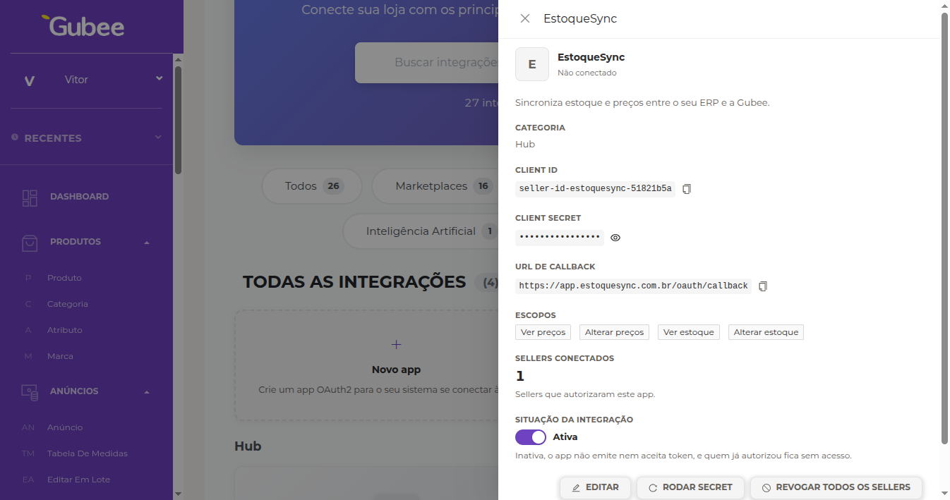 Tela de um app com credenciais, conexões e ações