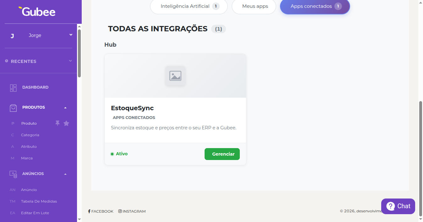 Aba Apps conectados com um app autorizado