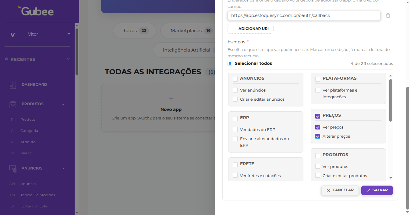 Formulário de criação de um app OAuth2